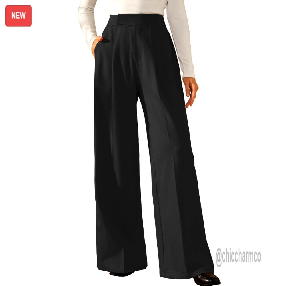 Wrinkle-Free Pleated Wide Leg Dress Pants High Waisted Business Casual - Picture 1 of 6